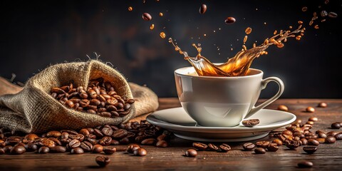 Cup of coffee with beans and splash of coffee, coffee, cup, beans, splash, beverage, drink, hot, morning, energy