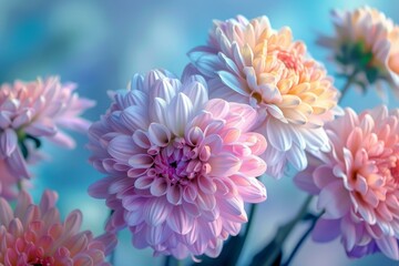 Canvas Print - Delicate chrysanthemums in soft pastel colors, with a dreamy, blurred blue background