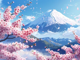 beautiful sakura flower with majestic mount fuji at background - ai