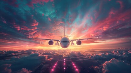 Wall Mural - A colorful airplane is flying through a sky with clouds