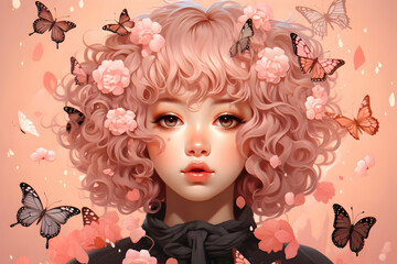 Canvas Print - Digital Illustration of a Girl with Pink Hair and Butterflies