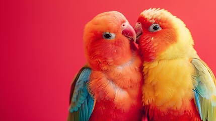 A close shot of two cute love birds against a studio red background and a big space on it for text or product advertisement backdrop, Generative AI.