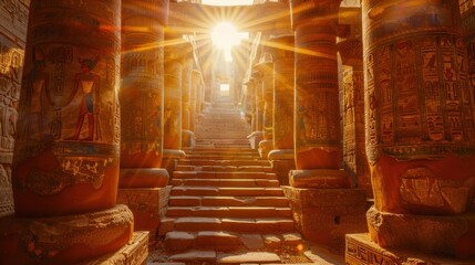 Sticker - A golden staircase leads to a room with a sunbeam shining through a window