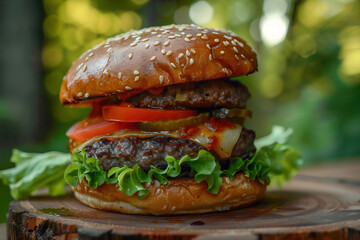 Juicy gourmet burger with fresh lettuce, tomato, pickles, and cheese, served on a sesame seed bun, creating a delicious and mouthwatering meal perfect for food photography and casual dining.