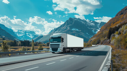 White cargo truck with a white blank empty trailer on highway road with beautiful nature mountains and sky