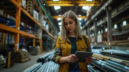 Wall Mural - A woman wearing a yellow jacket is looking at a tablet