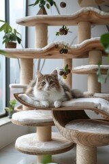 Poster - A cat is sitting on a bed in a room with a lot of cat toys