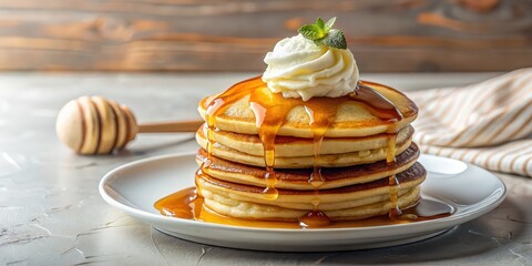 Wall Mural - Pancake topped with vanilla ice cream and drizzled with honey syrup, breakfast, dessert, indulgent, sweet