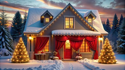 Sticker - Cozy house with Christmas decorations, red drapes, and a snow-capped roof, Christmas, decorations, cozy, house, red drapes