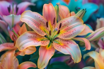 Canvas Print - Stunning closeup shot of a colorful lily flower with detailed petals and stamens