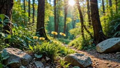 Canvas Print - Sunbeams Through the Trees in a Forest.