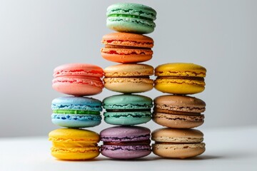 Poster - Vibrant stack of assorted macarons arranged against a plain white backdrop