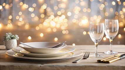 Poster - Elegant minimalist table setting with soft bokeh background , upscale, restaurant, tableware, elegant, minimalist, dining