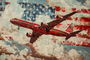 Artistic representation of an airplane flying against a backdrop of the American flag, symbolizing aviation, freedom, and the spirit of travel and exploration in the United States.