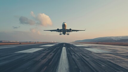 Airplane lifting off the runway during takeoff. 