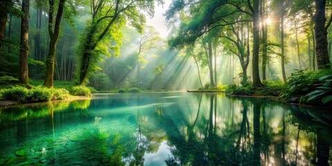 Wall Mural - Misty forest glade with crystal-clear pool reflecting verdant canopy above , enchanted, mystical, magical, serene, peaceful