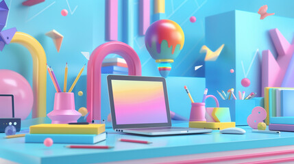 Dynamic back to school. 3D illustration with vibrant colors, geometric shapes floating pencils, books, digital devices, holographic displays, colorful drawings and an apple shaped laptop computer