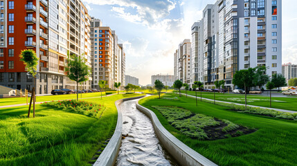 Poster - Dirty open channel in an upscale urban area, with high-rise apartments and manicured lawns