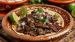 © sandor - Roasted meat taco in a clay dish. Close up. Mexican food. Banner.