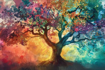 Sticker - Artistic tree with colorful watercolor splashes representing the four seasons