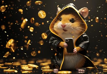 Wall Mural - A hamster is holding a cell phone and wearing a raincoat
