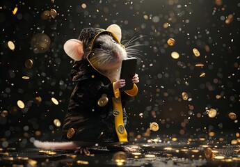 Wall Mural - A small mouse is wearing a raincoat and holding a cell phone