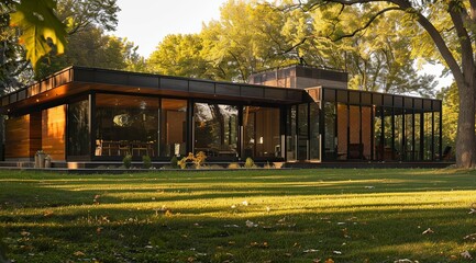 Poster - A large house with a lot of windows and a brick chimney