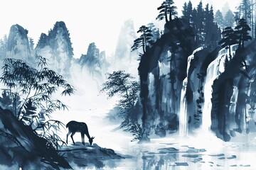 Wall Mural - A deer is grazing in a forest with a waterfall in the background