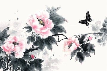 Poster - A painting of a pink flower with a butterfly on a branch