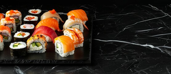 Wall Mural - A plate of sushi with a variety of rolls and pieces of fish