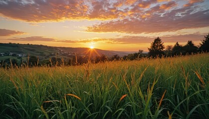 Wall Mural - Sunset over Grassy Hills.