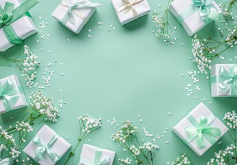 Sticker - A green background with white boxes and white flowers