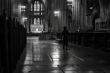 a woman standing in a cathedral looking up at the ceiling, child's laughter echoing through a vast, empty cathedral