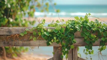 An aged wooden guardrail adorned with green ivy on a balcony, overlooking a golden sandy beach with a depth of field effect.