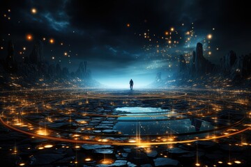 Poster - a computer screen with a spiral, digital vortex or portal, swirling with data and energy, representing the gateways and transitions within the digital world