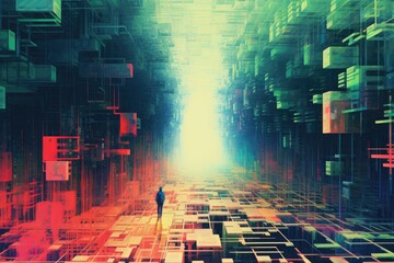 Fototapete - a city with a lot of buildings, glitchy digital landscape filled with distorted images and code