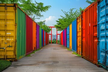 Canvas Print - Colorful and vibrant outdoor shipping container corridor with stacked freight and bright colors. Showcasing the logistics and supply chain industry in a commercial intermodal global trade concept