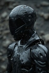 Sticker - In a surreal twist, an android hacker emerges, clad in sleek black circuit board armor that glimmers with hyper-realistic detail against a dark grey ash backdrop.