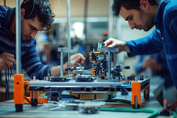Poster - a group of people working on electronics in a factory, Team assembling a complex product