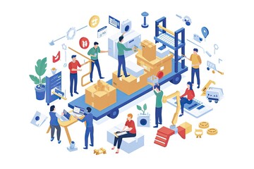 Poster - a group of people working on electronics in a factory, Team assembling a complex product