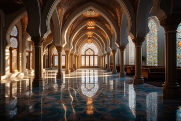 Fototapete - a large room with a lot of windows and a light shining through it, Serene mosque interior