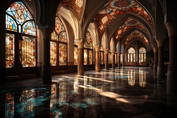 Wall Mural - a large room with a lot of windows and a light shining through it, Serene mosque interior