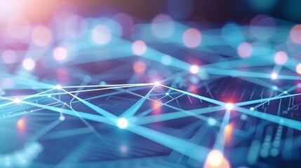 Futuristic digital network technology background with glowing lines and connection nodes, representing data transfer and communication.