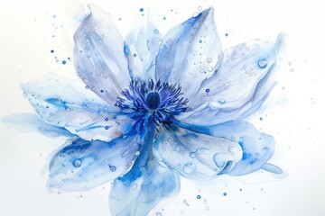 Poster - a blue flower with water droplets on it, watercolor flower made entirely out of sparkling water droplets, creating a sense of fluidity and movement