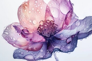 Poster - a blue flower with water droplets on it, watercolor flower made entirely out of sparkling water droplets, creating a sense of fluidity and movement