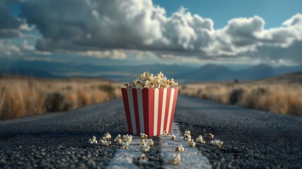 Popcorn in the red and white box on the road