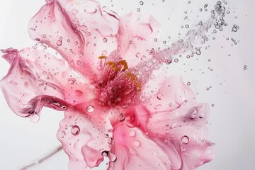 Poster - a blue flower with water droplets on it, watercolor flower made entirely out of sparkling water droplets, creating a sense of fluidity and movement