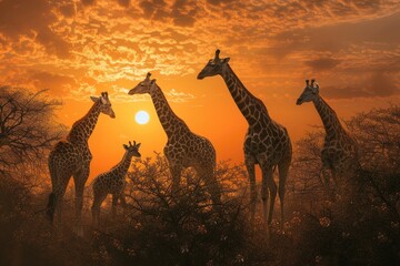 Wall Mural - two giraffes are standing next to each other, elegant giraffe gracefully reaching for leaves