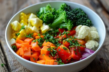 Sticker - Vibrant bowl of mixed raw vegetables, garnished with herbs, on a rustic wood surface