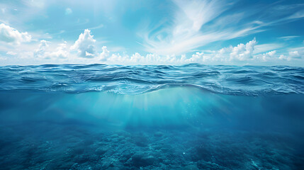 Poster - blue sea or ocean water surface and underwater with blue sky